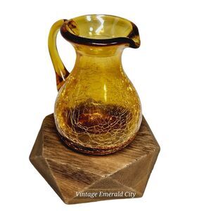 Vtg Handblown Cruet Mini Pitcher 4 In Amber Crackle Art Glass & Wooden Base Set